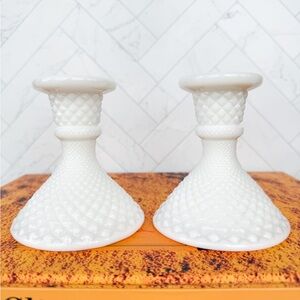 Vintage Westmoreland Diamond Point Milk Glass 4” Candlesticks - SOLD AS A PAIR
